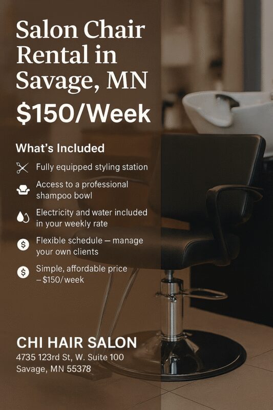 Salon Chair Rental in Savage MN – 4 Chairs Available ($150/Week) 1 Salon chair for rent in Savage, MN